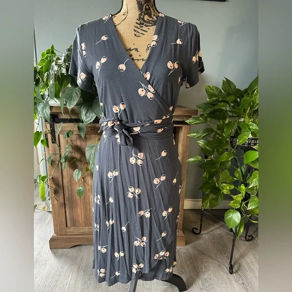 LOFT Cherry Print Short Sleeve V-Nevk Wrap Dress, Gray. - Picture 2 of 6